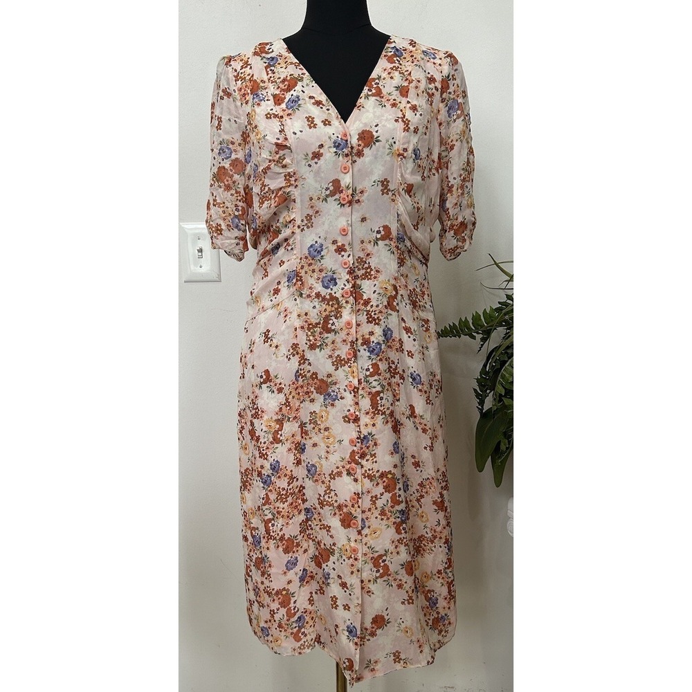 Sundance Catalog Sonora Bloom Peach Floral Button Front 100% Silk Dress Size 12